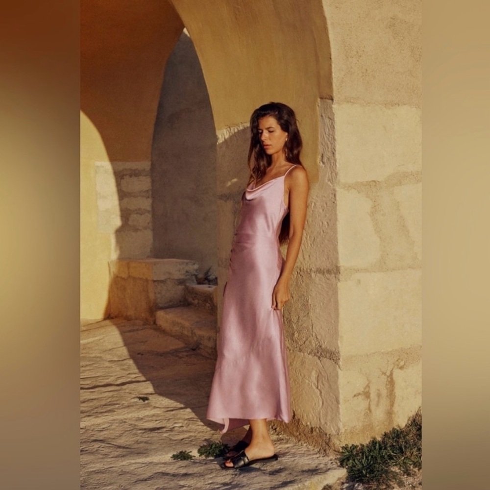 Zara Blush Cowl Neck Spaghetti Strap Slip Dress Asymmetrical Hem M - Picture 4 of 16